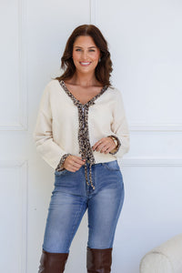 Jungle Leopard Trim Cardi - Cream